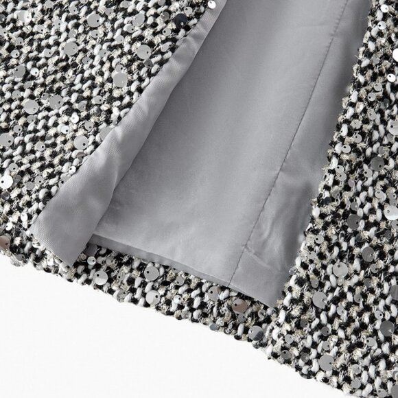 Dark Grey Women's Elegant Premium Tweed Sequins Overcoat with Peak Collar - Picture 11 of 11